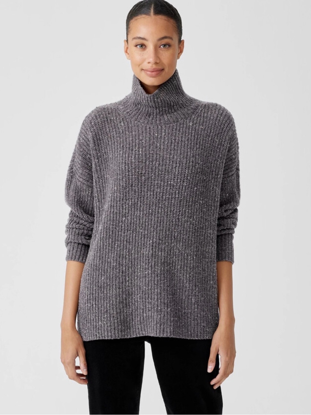 Eileen Fisher Heathered Charcoal Ribbed Turtleneck Sweater Kashmir 2x